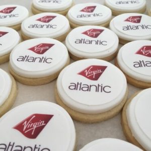 Logo Corporate Branded Biscuits with personalised edible toppers Box of gift cupcakes hand decorated with edible printed photo toppers - Pink Aubergine Branded Bakes
