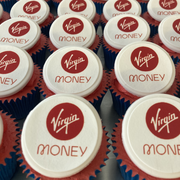 Virgin Money branded cupcakes with red buttercream and blue cases