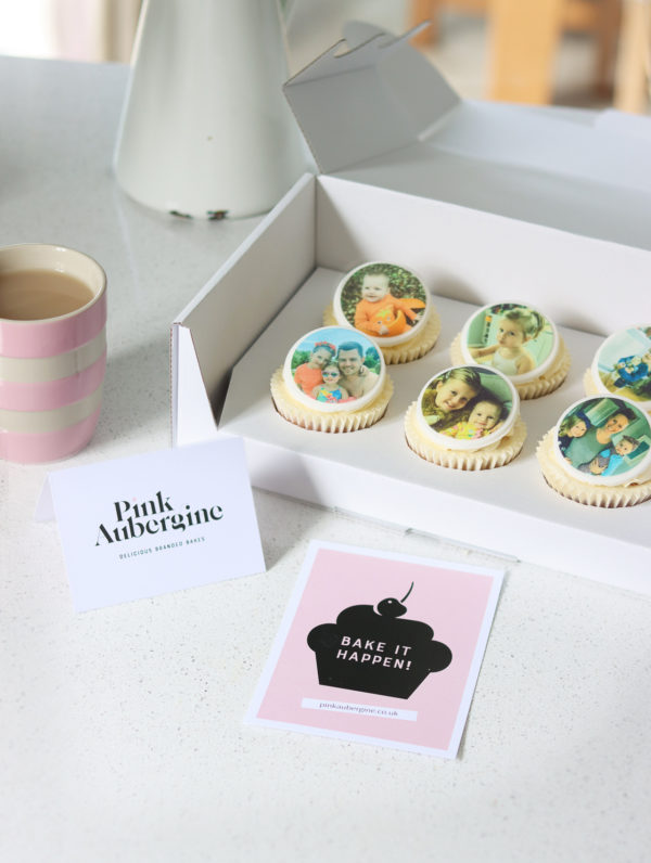 A gift box of cupcakes send throughout the country with six hand baked and decorated cupcakes with edible printed photos on toppers