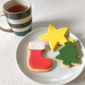 Large Hand baked and decorated Christmas Shortbread Biscuits as gift sent in the post - Christmas Tree, Red Stocking and Yellow Star