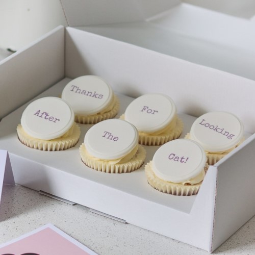 Thank You Gift Cupcakes in a box, with a personalised message. Hand baked by Pink Aubergine Branded Bakes in Whaley Bridge for delivery throughout the UK and England