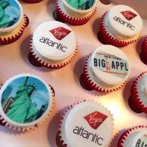 Logo Branded Cupcakes with New York, Big Apple and Virgin Atlantic printed toppers