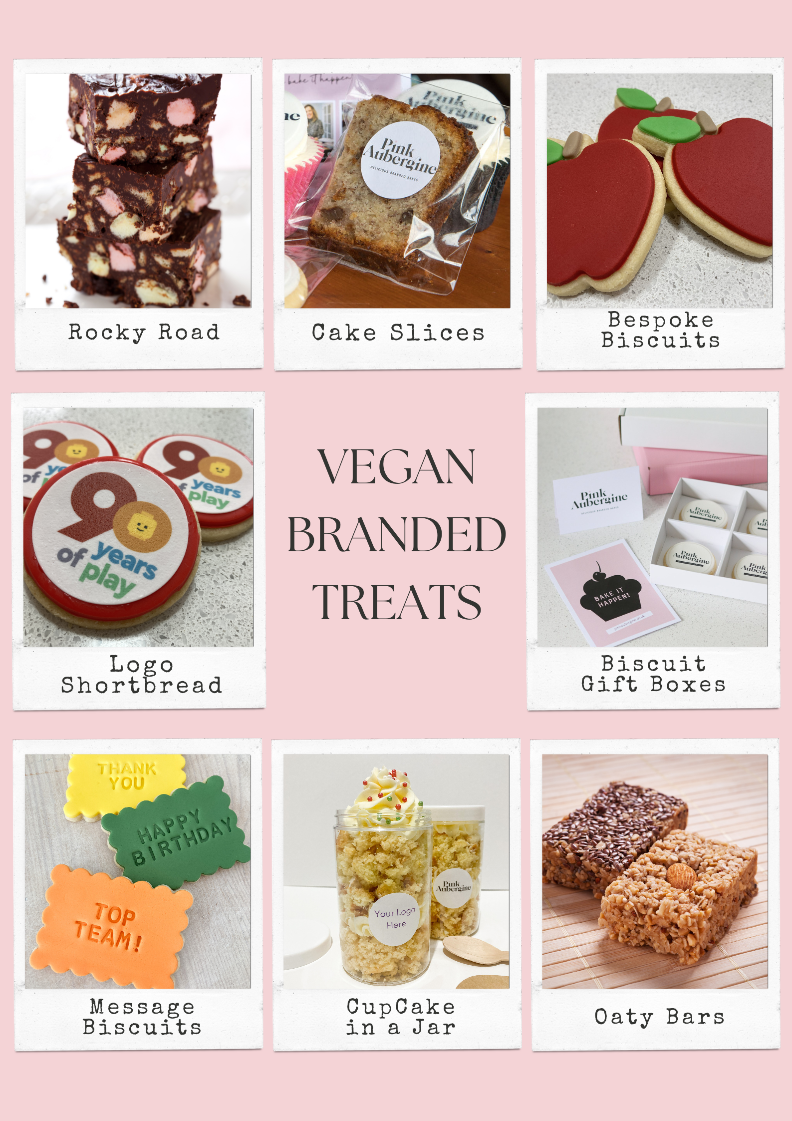 Image showing logo branded vegan sweet treats - Shortbread Biscuits - Cookies - Flapjacks - Millionnaires Shortbread - Message Cookies - Cupcake in a Jar - Letterbox Gifts